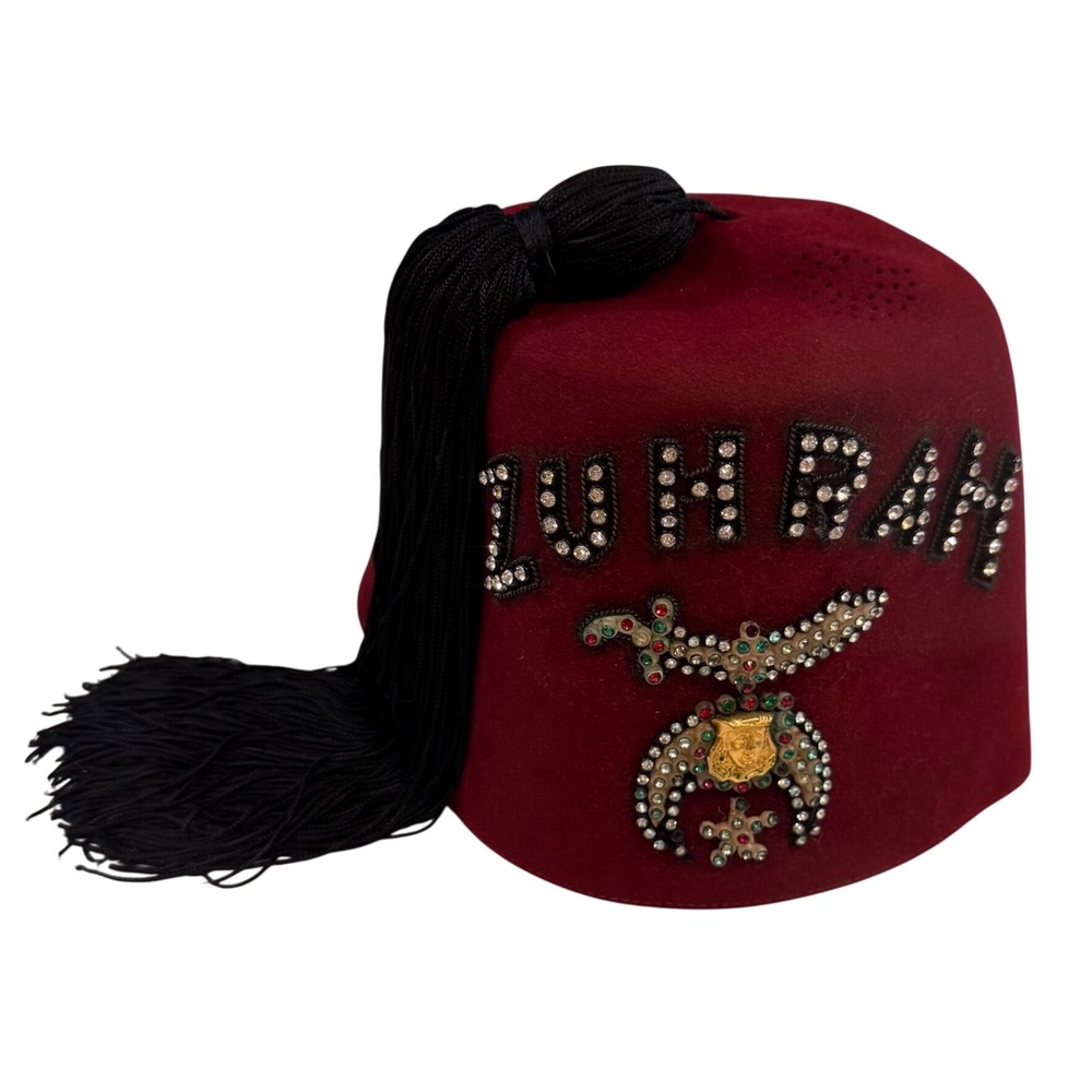 Vintage Zuhrah Shriners Fez Hat Red Rhinestone Tassel Scimitar Pin Fraternal